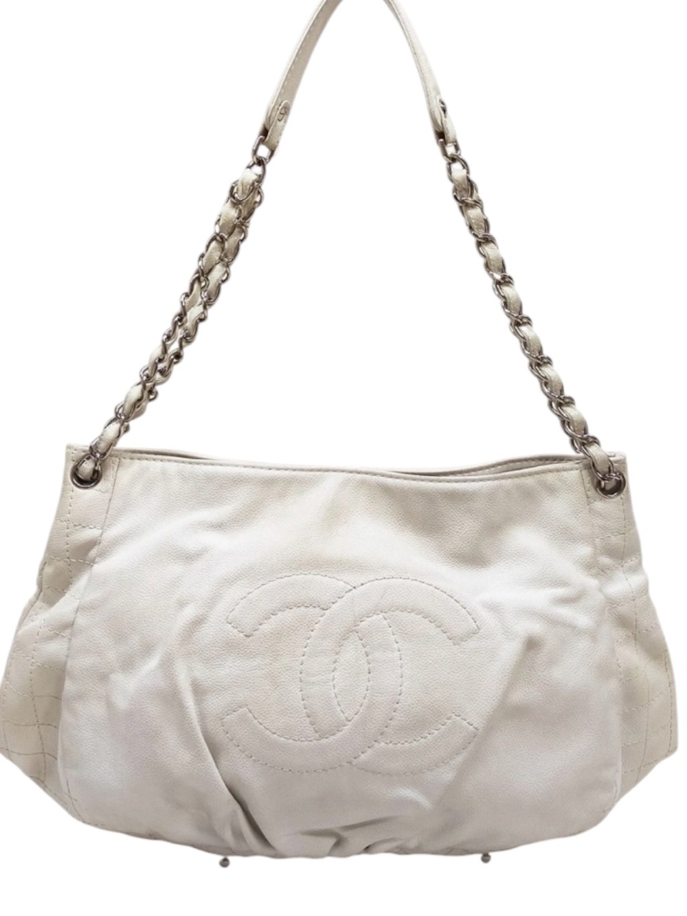 Chanel White Caviar Leather CC Shoulder Bag Silver Chain Hobo LIVE QUICK LIST